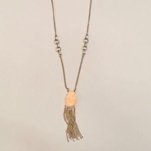 Boutique Womens Long Gold Chain Necklace with Gold Stone Pendant & Chain Fringe